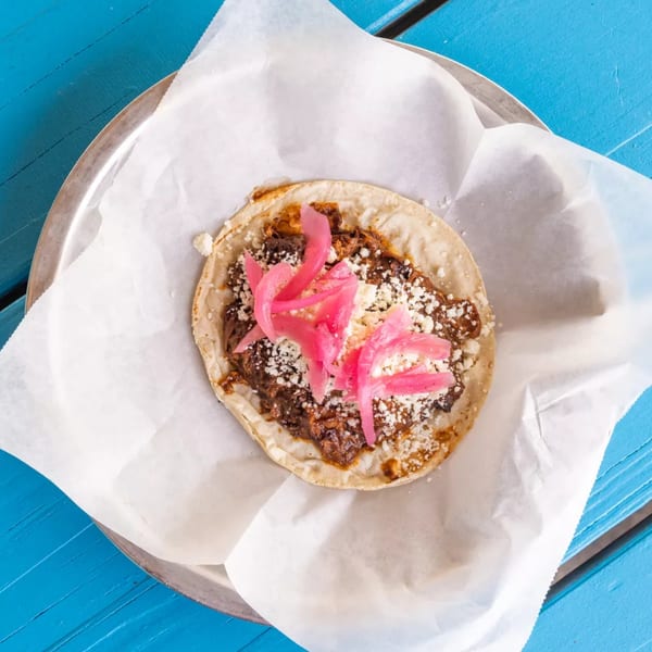 A single taco with dark meat, white cheese, and bright pink pickled onions on a metal plate.