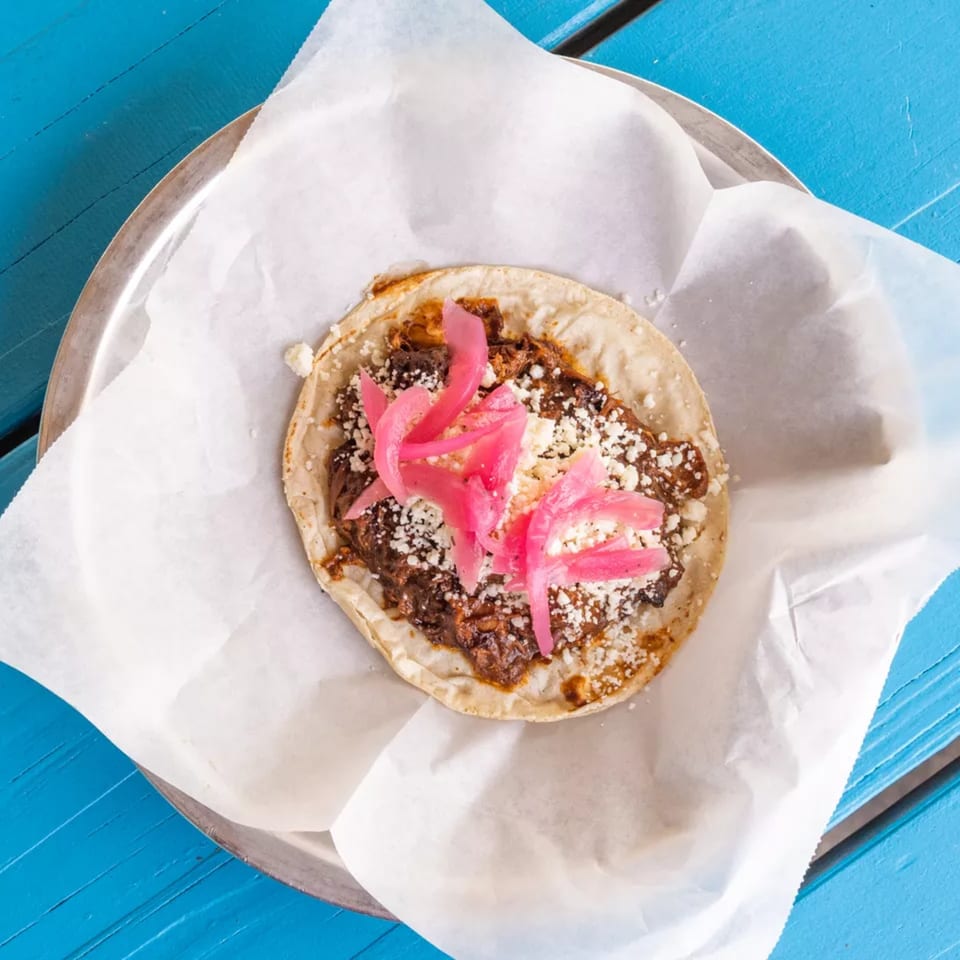 A single taco with dark meat, white cheese, and bright pink pickled onions on a metal plate.